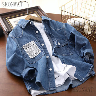 Skonwat boys' denim shirt spring and autumn new children's long-sleeved casual jacket student shirt cardigan outer top blue cloth 130 size recommended height around 120cm
