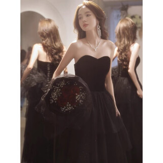 Wutuo dress high-end light luxury niche evening dress black evening dress 2025 new style host birthday art test gauze dress black long s