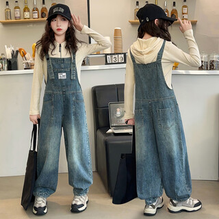 Maidou xiong girls internet celebrity overalls set new spring and autumn clothing medium and large children's fashionable denim overalls two-piece set single-piece overalls front pocket style 150