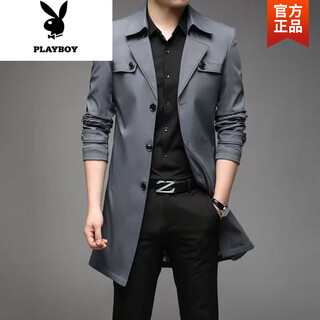 花花公子（PLAYBOY）2025春秋新款风衣男中长款通勤休闲外套大码免烫男士大码风衣外套 灰色(款薄)西装布风衣 M