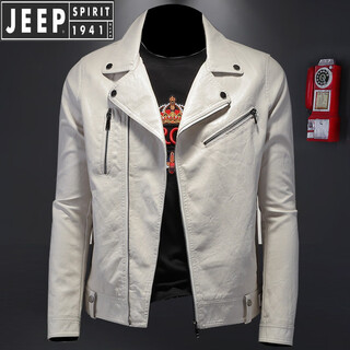 Jeep spirit 2025 autumn and winter casual punk motorcycle suit leather soft leather jacket men's diagonal zipper suit lapel jacket pu off-white 8086 xl 140jin jin is equal to about 0.5 kg