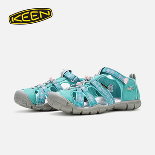 Keen official seacamp ii cnx children's outdoor breathable, comfortable and wear-resistant wading shoes and sandals, jelly blue/bright pink-1030802 (kid) 27 28