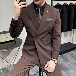 Jason men's double-breasted striped suit suit groom wedding dress business casual work interview suit three-piece suit dark brown (suit + pants) m (95-110jin jin equals 0.5 kg)