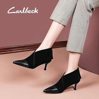 Carl beck brand french small ankle boots women's stiletto 2023 autumn and winter new women's shoes sheepskin pointed toe high heels boots women's short boots black 37 plus velvet