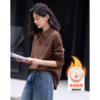 Demana polo collar sweatshirt winter style embroidered decoration casual versatile plus velvet sweatshirt for women brick coffee color l