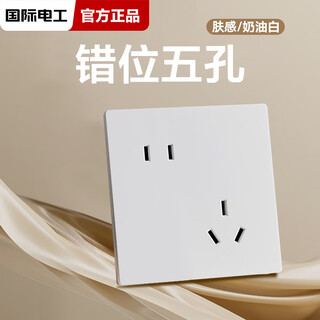 TEP国际电工86肤感奶白奶油风开关插座家用大板哑光五孔USB双控空调面板超薄 错位五孔