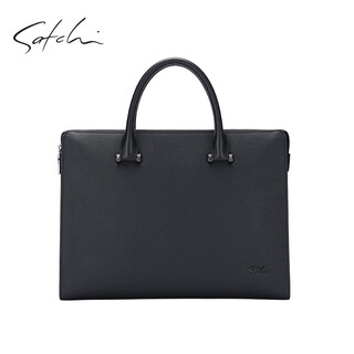 Satchi briefcase business casual genuine leather multi-compartment styling simple first layer cowhide men's bag can hold 13-inch computer black 14-inch