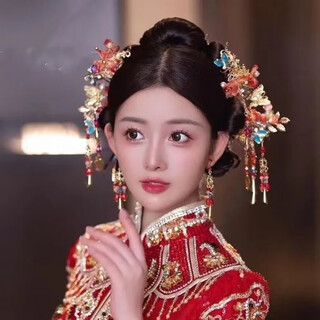 Beibeiyu bridal xiuhe clothing headwear 2024 new chinese style wedding atmosphere xiuhe hairpin red three styles xiuhe hairdress + ear clip no ear hole shooting