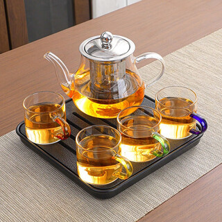 High temperature resistant glass kung fu tea set office home teapot tea cup tea set complete set of combined tea ceremony 4 color cups-bajun pot + small black plate