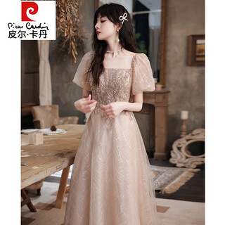 Pierre cardin princess style beautiful evening gown female light luxury niche high-end host adult ceremony engagement dress champagne color champagne color bright silk long style puff sleeves s