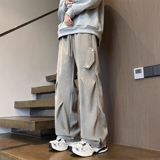 Rfku corduroy pants men's spring and autumn loose casual paratrooper pants trendy brand workwear plus velvet wide-leg sports pants for men gray green xl (recommended 135-150 jin jin equals 0.5 kg)