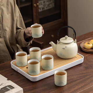 Jinpan ceramic kung fu tea set chinese-style large-capacity lifting beam household high-end teacup tea tray complete set teapot tea set one pot six cups + tea tray