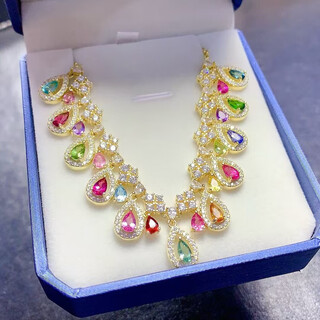 Fujiu natural tourmaline + colored sapphire + apatite + tanzanite + crystal necklace chain row seiko 925 silver inlay