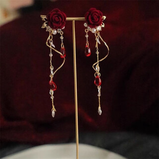 Mr. ouyang autumn and winter red velvet rose earrings for women french retro super fairy tassel earrings earrings without pierced ear clip earrings earrings 0004 a12-103