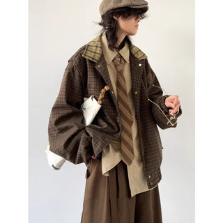 Poum men's co-branded couple plaid jacket men's new japanese retro college style loose trendy brand youth jacket men nfjq-w91 coffee xl