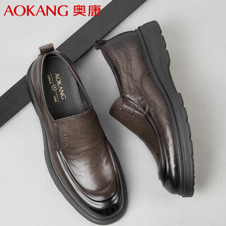 Aokang men's shoes 2025 spring new genuine leather business casual leather shoes men's thick sole wear-resistant formal slip-on leather shoes brown 38