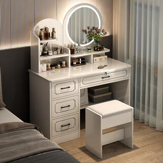 Dressing table bedroom simple modern master bedroom dressing table 2025 new light luxury dressing table mirror collection recommended led light round mirror white square stool self-installation
