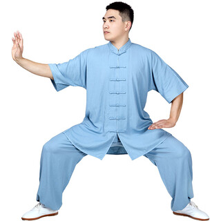 宏情新款夏季棉麻短袖太极服女亚麻中袖武术练功服男中国风太极拳套装 蓝色立领 M
