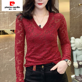 Pierre cardin (pierre cardin) new autumn and winter v-neck sexy lace shirt women's t-shirt slimming slim long-sleeved bottoming shirt fashionable hollow inner wear burgundy 4xl 145-160jin jin is equal to 0.5 kg