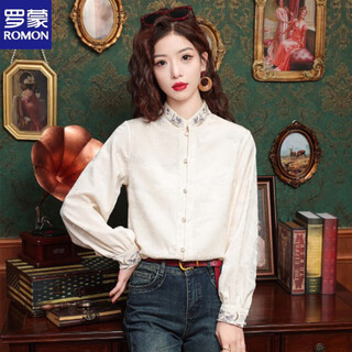 Romon stand collar embroidered long-sleeved shirt for women high-end jacquard women's clothing 2025 early autumn new new chinese style national style shirt apricot l (recommended 100-110jin jin equals 0.5 kg)