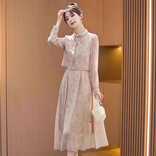 Chu xin new chinese style improved cheongsam dress 2025 spring and autumn new women's fashion temperament high-end two-piece suit khaki l suitable for 100-110 jin jin equals 0.5 kg