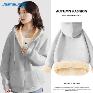 Jeansves fleece sweatshirt for women 2025 winter new thickened cardigan imitation sherpa jacket versatile solid color hooded top for women