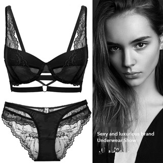 Victoria palace large size bra french sexy underwear sexy ultra-thin strap big breast showing small underwear anti-sagging lace bra black set bra + panties 75/34b with m size panties