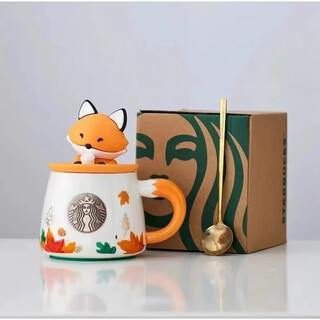 Starbucks mug cute fox maple leaf coffee cup cute style ceramic water cup with lid couple’s good-looking breakfast cup fox single cup + lid + gold spoon