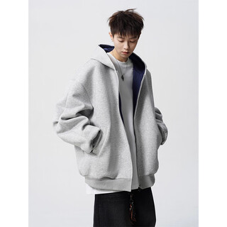 Heavy zipper cardigan sweatshirt for men and women in autumn american loose couple hoodie vibe high street casual hooded jacket gray 400g contrasting color single-sided cardigan sweatshirt 2xl recommended 145-165jin jin equals 0.5 kg