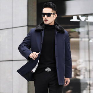 Barbalan genuine mink fur one-piece lining lining mink fur coat for men, medium-length lapel parka for middle-aged and elderly dads, dark blue + black with mink lining + rabbit fur sleeves 2xl (180)