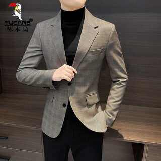 Woodpecker (tucano) casual small suit jacket men's spring and autumn 2025 new tops handsome houndstooth suit men's khaki xl recommended 140jin jin is equal to within 0.5 kg