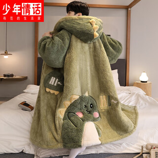 Teenage love story men's nightgown autumn and winter plus velvet thickened large size youth coral velvet long winter cartoon style home clothes set 144n dinosaur robe + pants xl male 135-158jin jin is equal to 0.5 kg