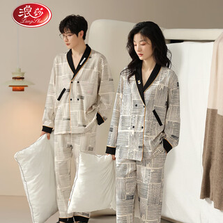 Langsha couple pajamas for one man and one woman, spring and autumn pure cotton 7a antibacterial and anti-mite, can be worn outside, fashionable and casual home wear set 32305 m female + 2xl male