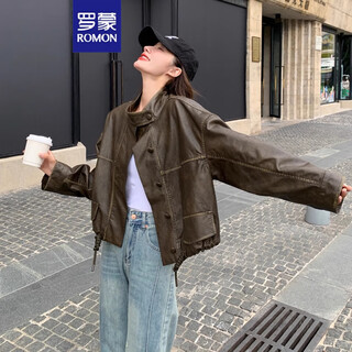 Romon brown design short leather jacket women 2024 spring and autumn new hong kong style retro pu leather jacket top picture color m recommended 100-115jin jin is equal to 0.5 kg