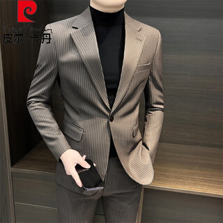 Pierre cardin striped suit jacket men's spring and autumn 2025 new style business formal wear, handsome casual suit, brown single dress 2xl recommended 150jin jin is equal to within 0.5kg