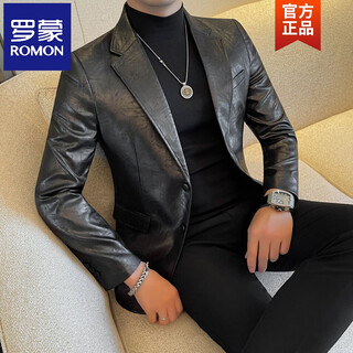 Romon handsome style leather suit jacket men's autumn and winter 2025 new fashion trend slim and handsome suit black (90-110jin jin equals 0.5kg) m