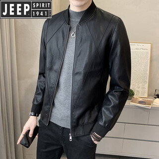 JEEP SPIRIT trend spring and autumn new leather jacket for men casual short stand collar baseball uniform handsome motorcycle leather jacket jacket black P719 XL