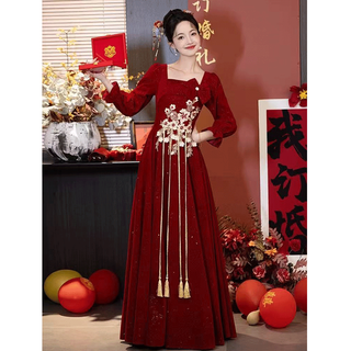 Seidler bridal wedding toast wear 2025 new long sleeve engagement dress back door dress for women high-end light luxury niche burgundy m