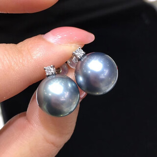 Shumo platinum gray tahitian pearl pendant natural pearl necklace seawater women's 18k gold diamond black pearl necklace platinum gray zircon stud earrings 14-15mm