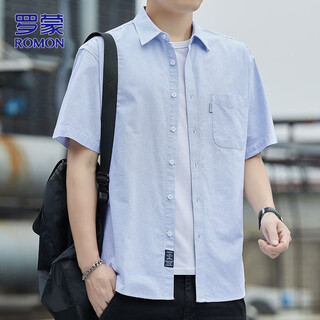 Romon short-sleeved shirt men's cotton top summer striped shirt men's business casual men's light blue xl