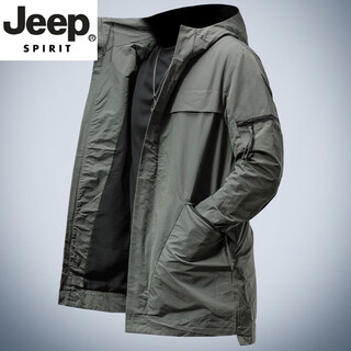 Jeep spirit high-end windproof hooded jacket men's mid-length windbreaker men's jacket spring and autumn 2025 new trendy jacket green xl recommended 130-150jin jin equals 0.5 kg