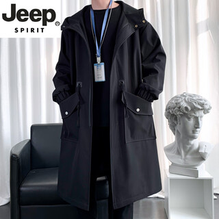 Jeep spirit high-end men's windbreaker jacket men's medium-length coat 2025 new spring and autumn long large size men's tops black 2025 new style strictly control the process no m 100-120jin jin equals 0.5 kg