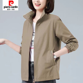 Pierre cardin (pierre cardin) february and august double-layered lined women's spring and autumn new stand-up collar large size slim temperament windbreaker short coat khaki color high quality xl recommended 115-130jin jin equals 0.5 kg
