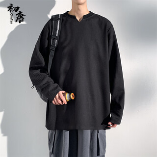 Early tang t-shirt men's long-sleeved small v-neck spring and autumn round neck bottoming shirt american retro henry shirt t-shirt black 2xl