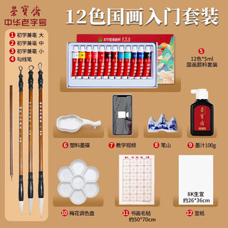 Rongbaozhai chinese painting paint tool set for beginners, elementary school students, children's ink painting, chinese painting and brush supplies, a complete set of 12-color entry-level 12-piece set
