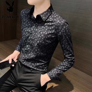 Playboy (playboy) long-sleeved shirt men's print autumn new style non-iron anti-wrinkle slim light luxury men's casual floral handsome shirt 291 black l 105-125jin jin equals 0.5 kg