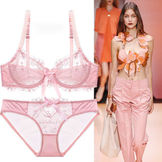 Victoria palace large size bra ultra-thin transparent bra set breathable lace sexy mesh large size women's underwear bra pink 32/70a