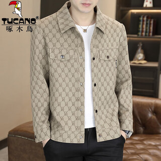 Woodpecker jacket men's spring and autumn new short jacket trendy casual versatile lapel men's tops 8357 khaki xl 125-140jin jin equals 0.5 kg
