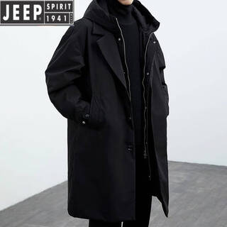 Jeep spirit jeep 2025 autumn and winter new men's korean coat men's jacket fake two-piece hooded mid-length windbreaker parka black thin 140-155jin jin equals 0.5 kg xl