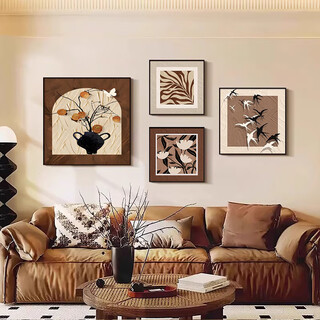 Kezhi mid-century high-end living room decoration painting sofa background wall abstract art mural french retro combination hanging painting f style 50*50+30*30*2+40*40cm textured picture + black aluminum alloy frame